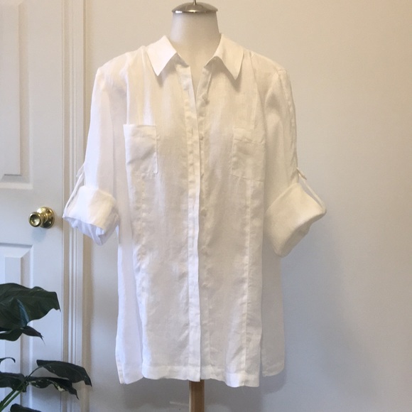 Coldwater Creek Tops - Coldwater Creek White Linen Button Blouse SZ Lg